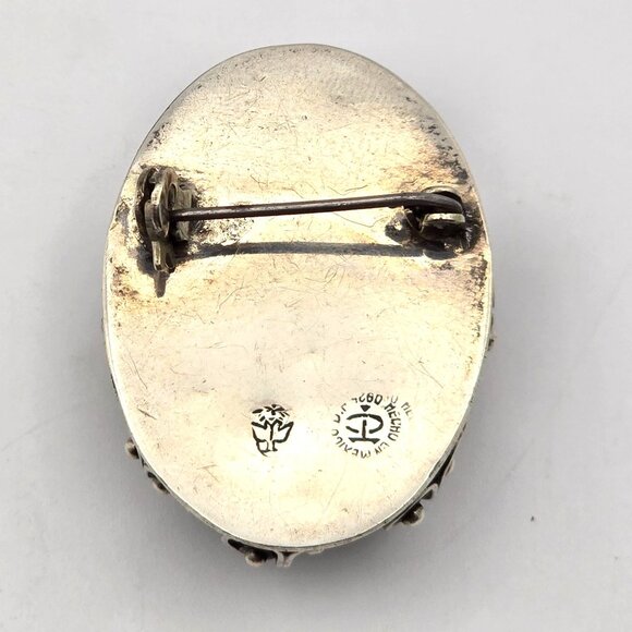 VTG Taxco Sterling Silver Locket Brooch Pin w/ Green Agate Oval Cabochon 1950s - Picture 6 of 13